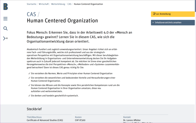 Aktueller Studiengang im FS 27 (jetzt anmelden): CAS Human Centered Organization FS27